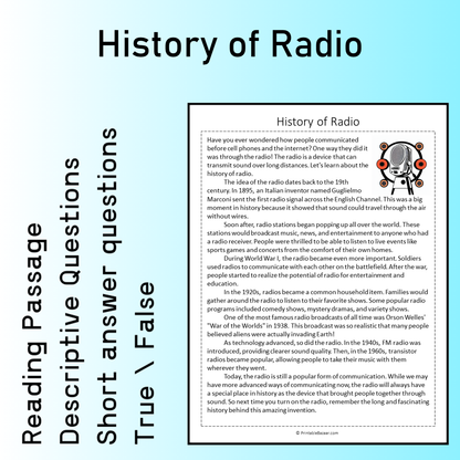 History of Radio | Reading Comprehension Passage Printable Worksheet