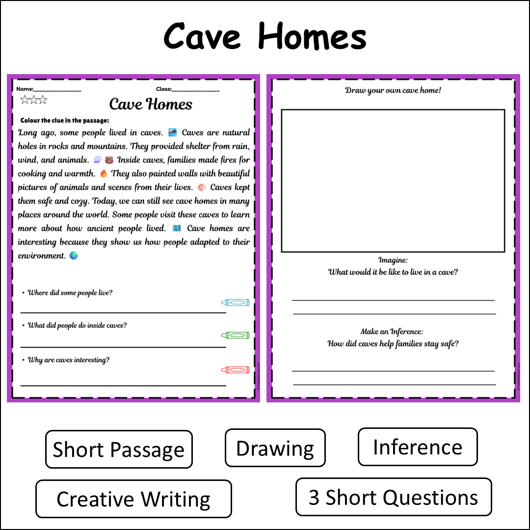 Cave Homes | Short Reading Comprehension Creative Worksheet