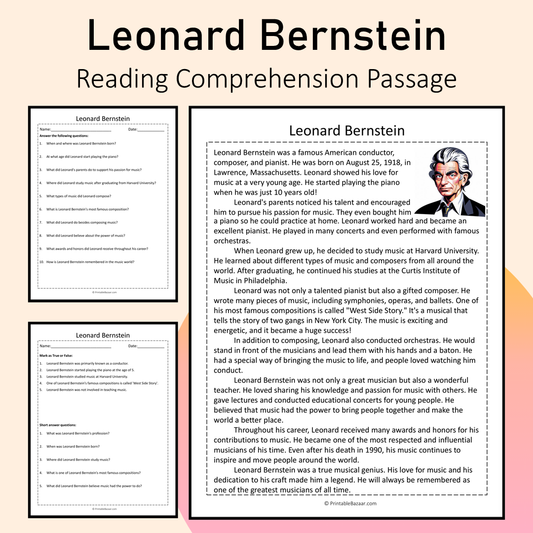 Leonard Bernstein | Reading Comprehension Passage Printable Activity