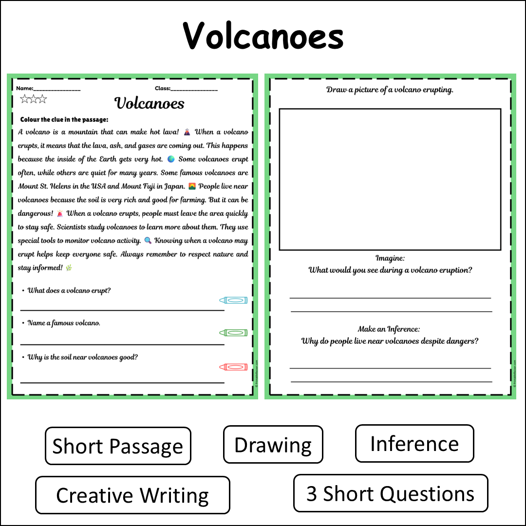 Volcanoes | Short Reading Comprehension Creative Worksheet