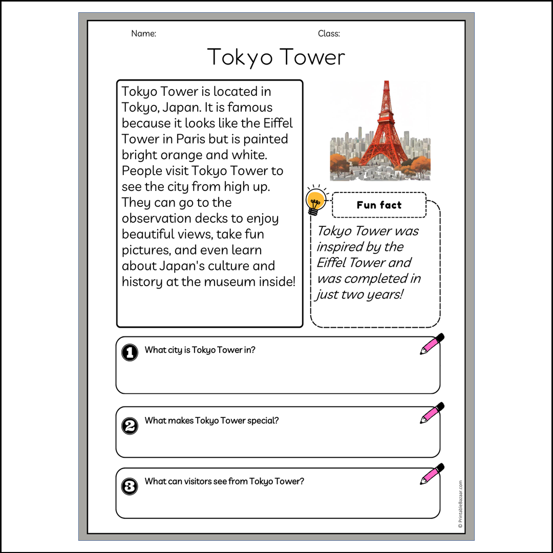 Tokyo Tower | Reading Passage Comprehension Questions Writing Facts Worksheet