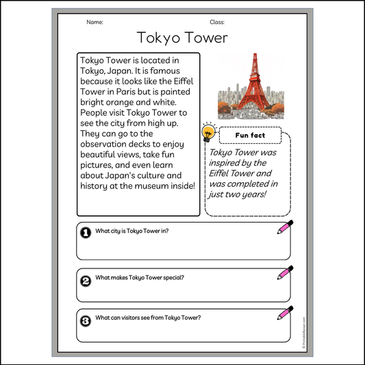 Tokyo Tower | Reading Passage Comprehension Questions Writing Facts Worksheet