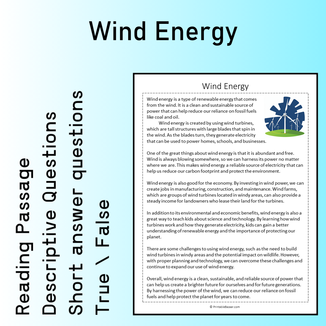 Wind Energy | Reading Comprehension Passage Printable Worksheet