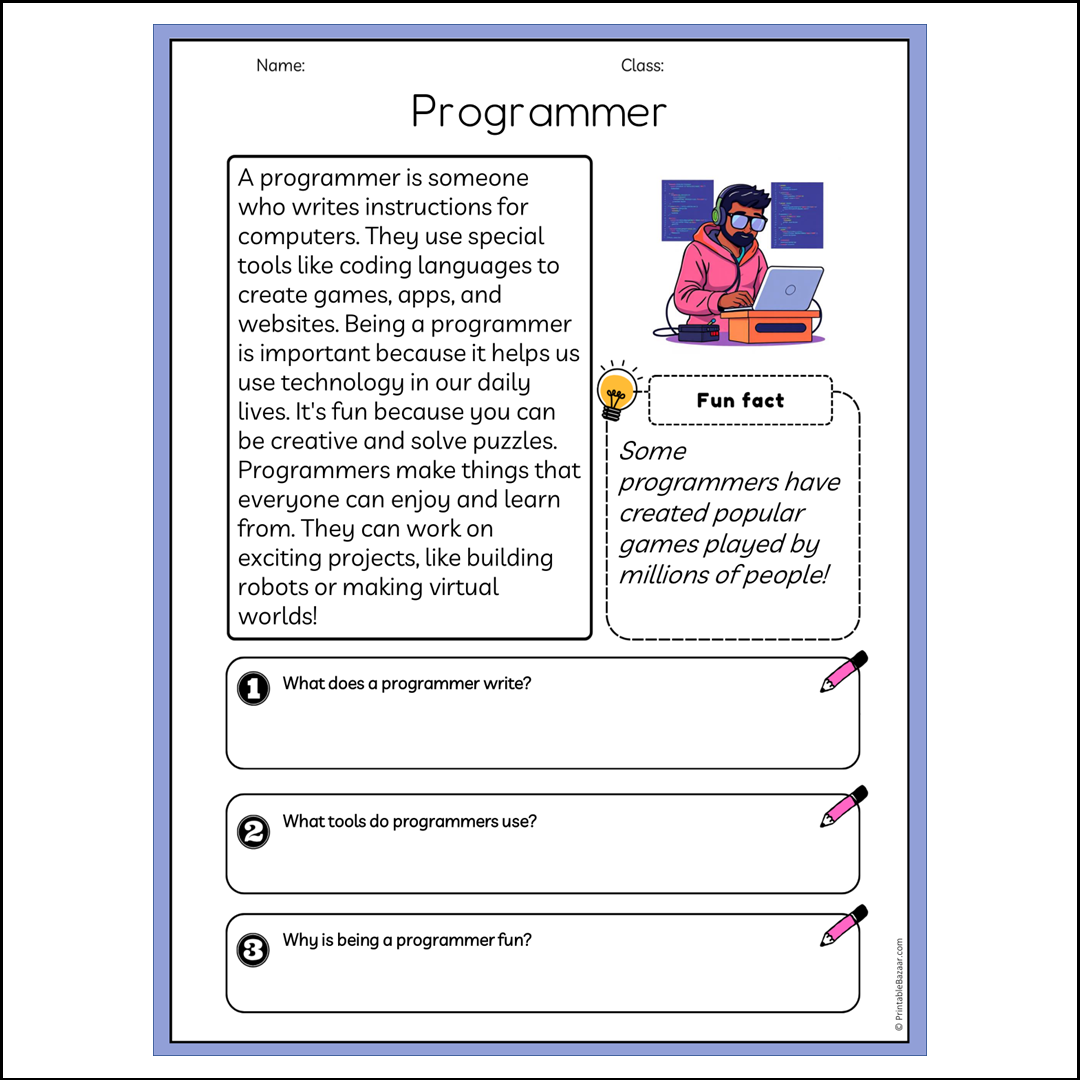 Programmer | Reading Passage Comprehension Questions Writing Facts Worksheet