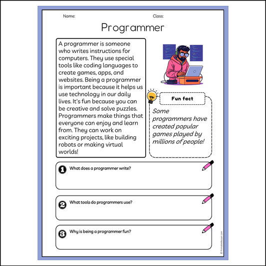 Programmer | Reading Passage Comprehension Questions Writing Facts Worksheet