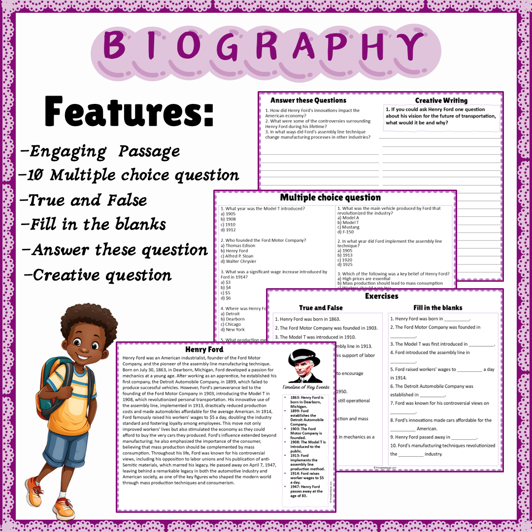 Henry Ford | Biography Reading Comprehension and Questions Worksheet