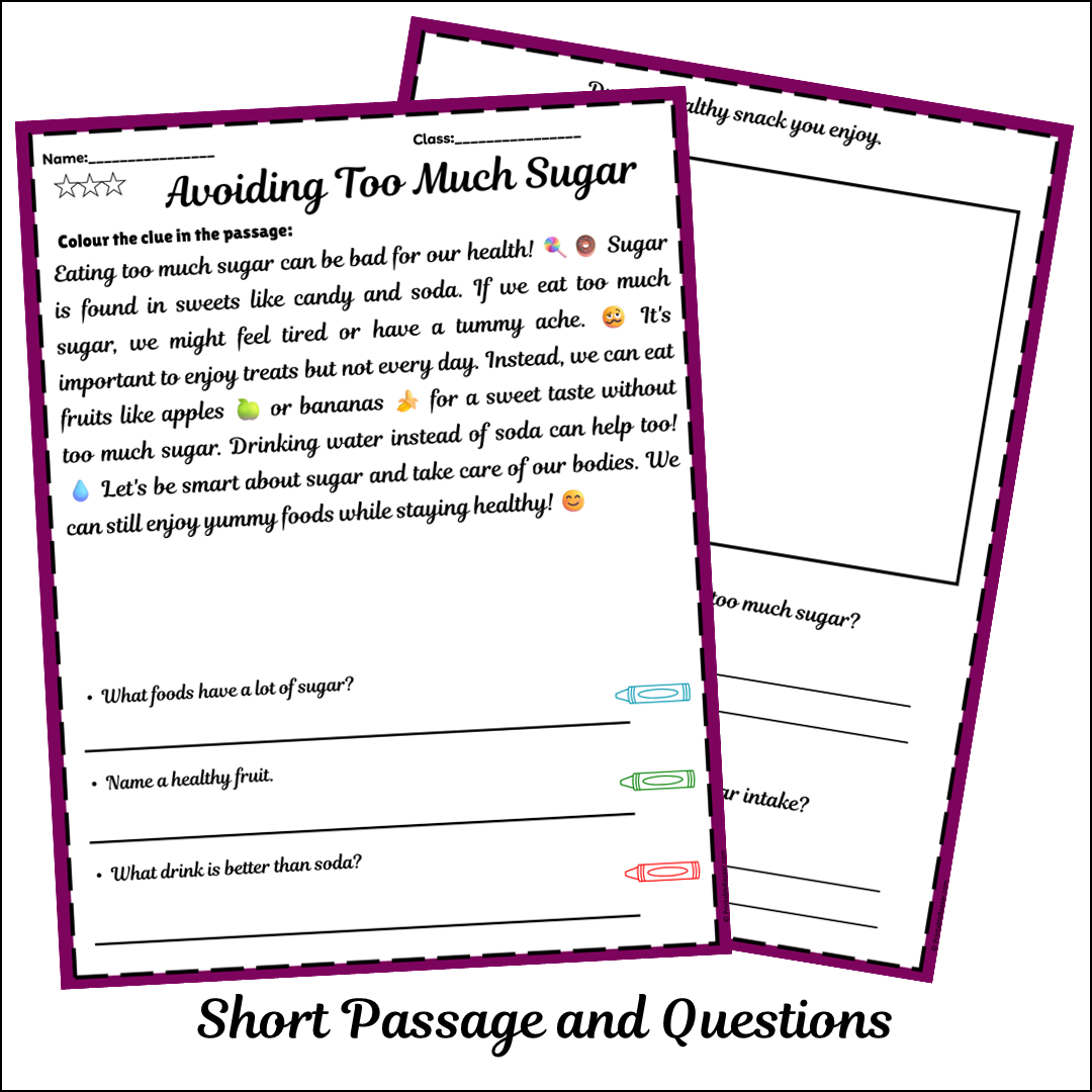Avoiding Too Much Sugar | Short Reading Comprehension Creative Worksheet