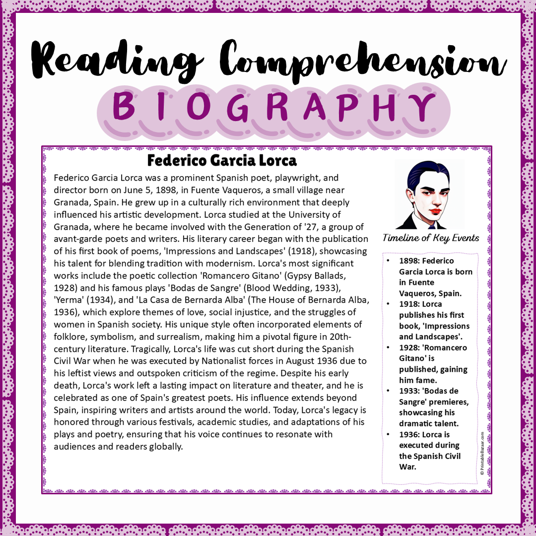 Federico Garcia Lorca | Biography Reading Comprehension and Questions Worksheet