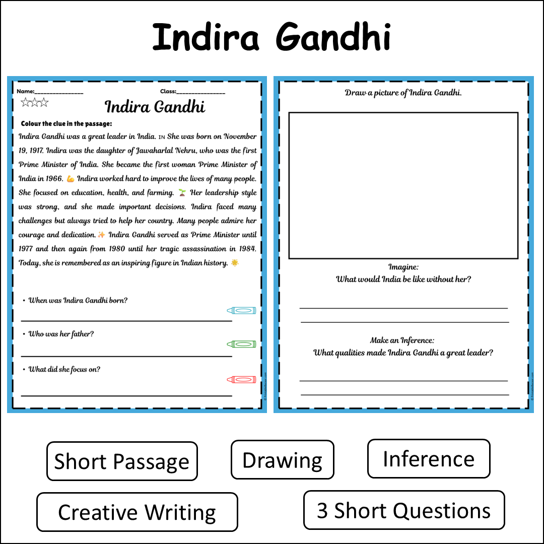 Indira Gandhi | Short Reading Comprehension Creative Worksheet