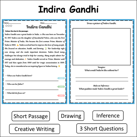 Indira Gandhi | Short Reading Comprehension Creative Worksheet