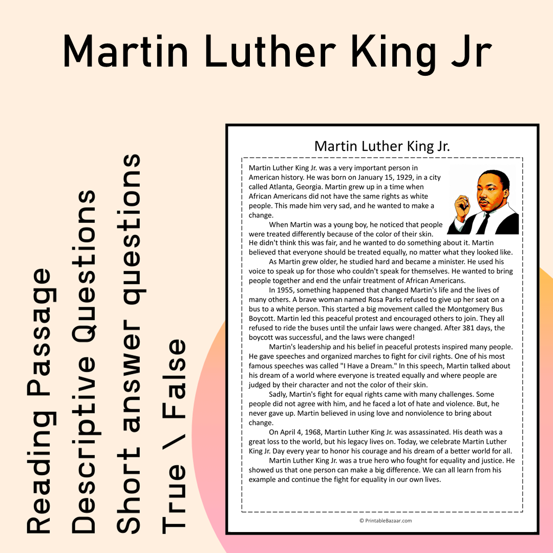 Martin Luther King Jr | Reading Comprehension Passage Printable Activity