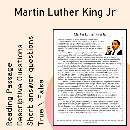 Martin Luther King Jr | Reading Comprehension Passage Printable Activity