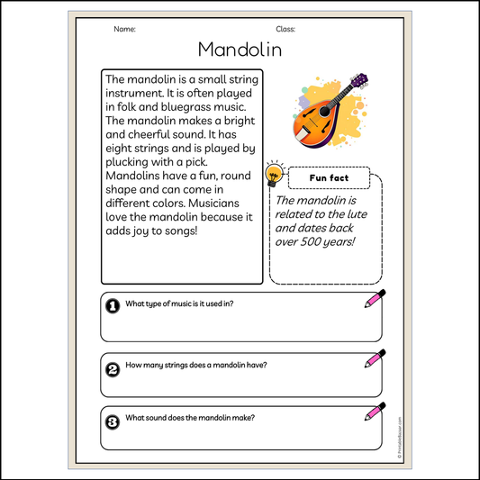 Mandolin | Reading Passage Comprehension Questions Writing Facts Worksheet