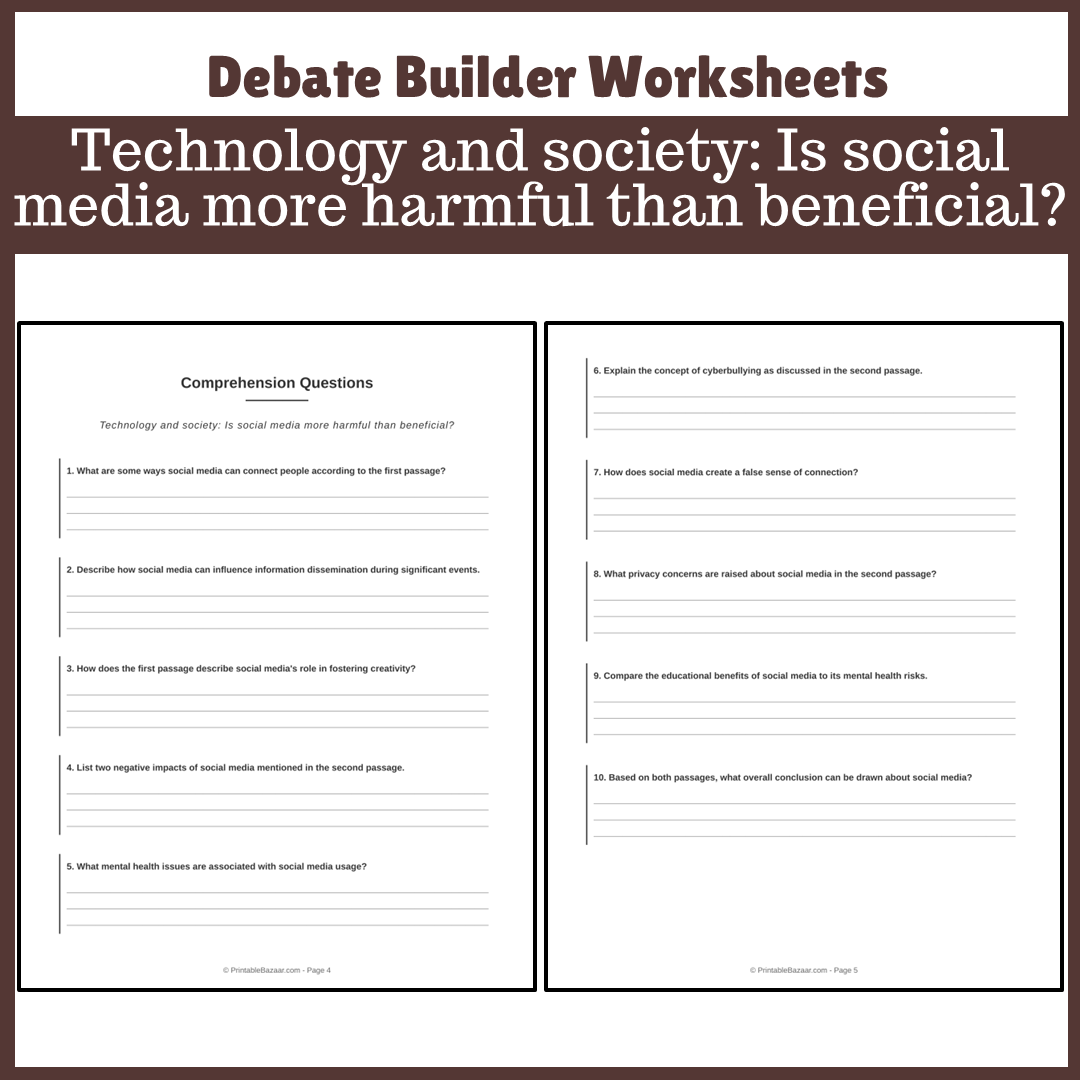 Technology and society: Is social media more harmful than beneficial? | Favour and Against Worksheet Printable Activity