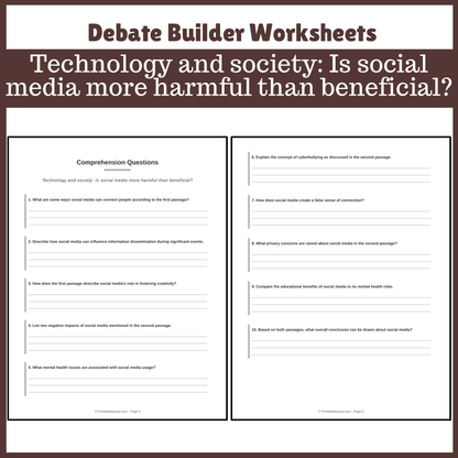 Technology and society: Is social media more harmful than beneficial? | Favour and Against Worksheet Printable Activity