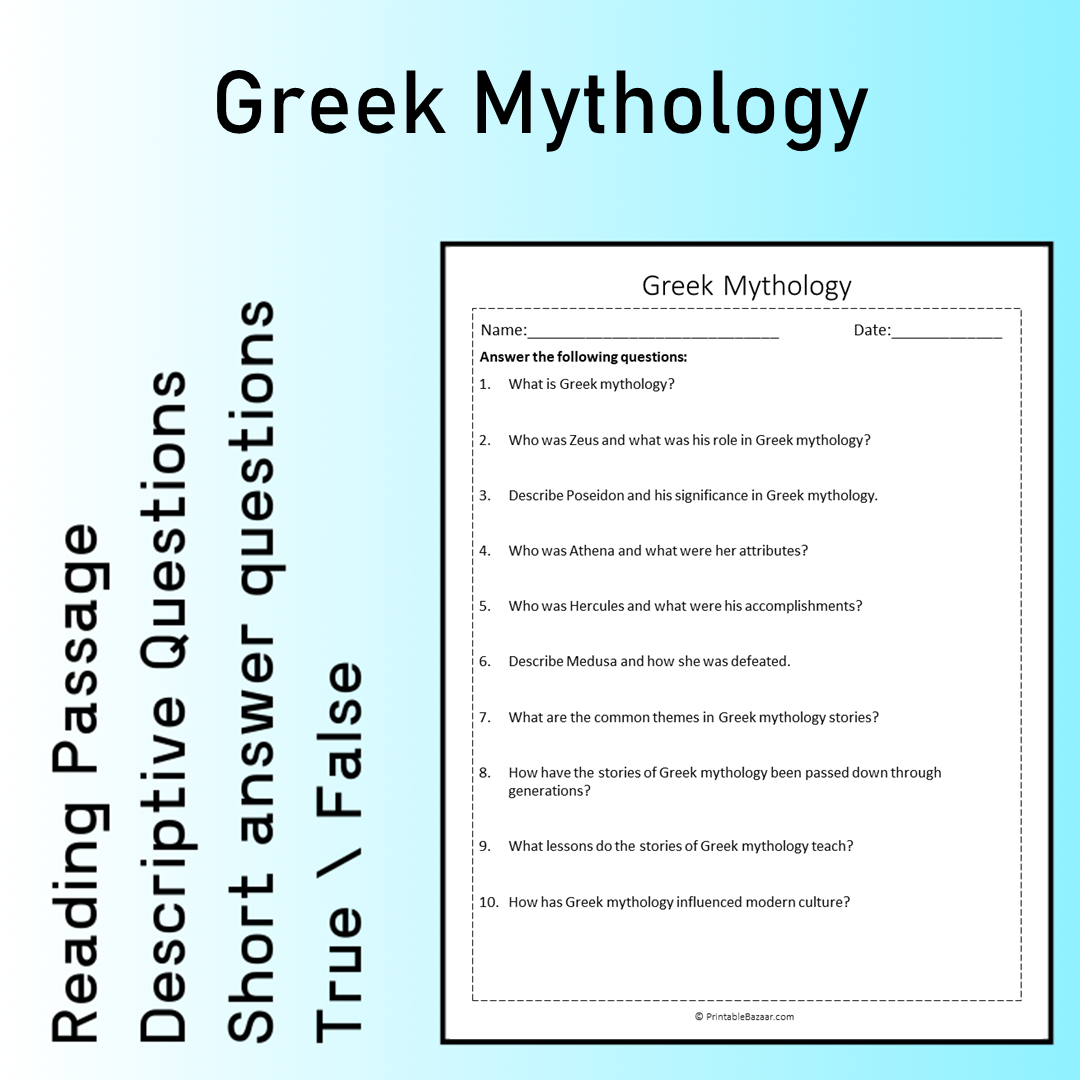Greek Mythology | Reading Comprehension Passage Printable Worksheet