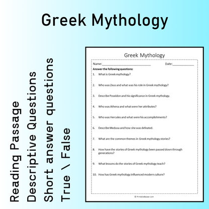 Greek Mythology | Reading Comprehension Passage Printable Worksheet