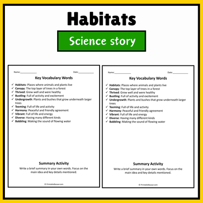 Habitats | Science Story Reading Comprehension Activity
