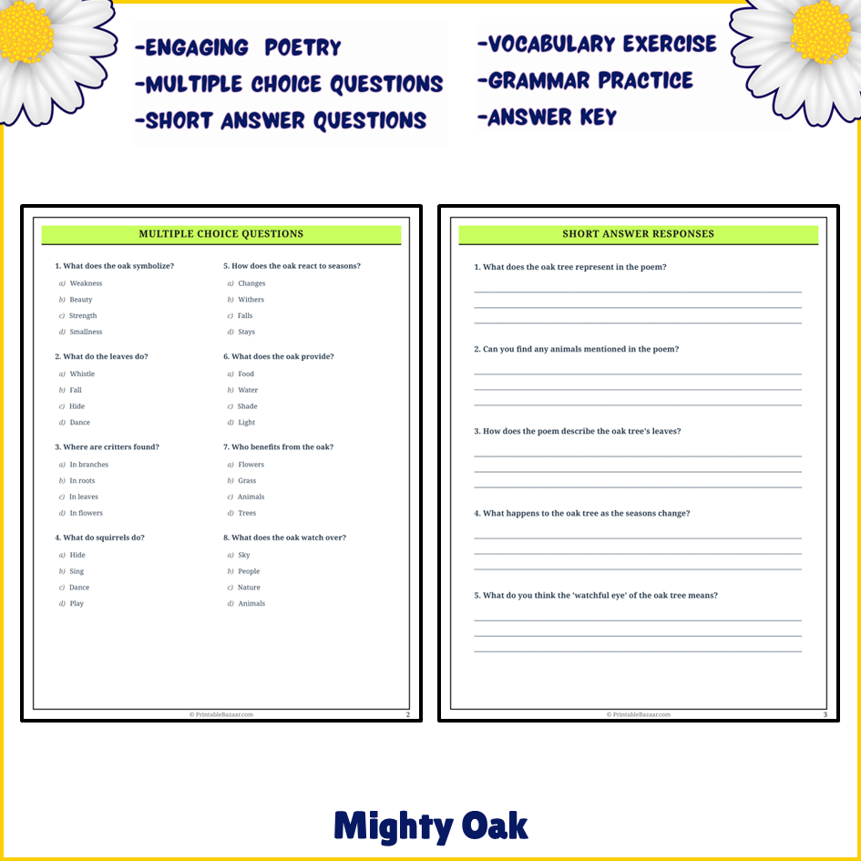 Mighty Oak | Poem Grammar Worksheet Printable Activity