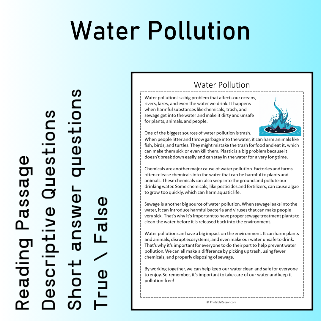 Water Pollution | Reading Comprehension Passage Printable Worksheet