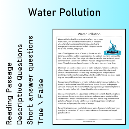 Water Pollution | Reading Comprehension Passage Printable Worksheet