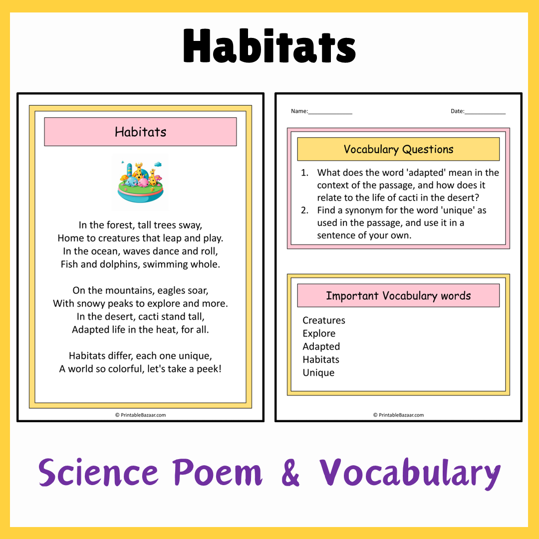 Habitats | Science Poem Reading Comprehension Activity