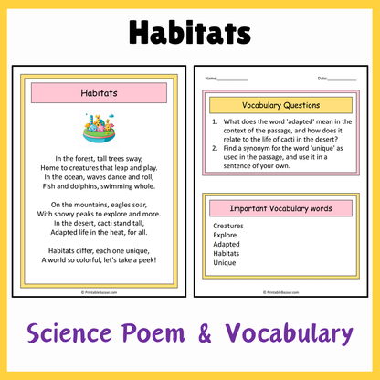 Habitats | Science Poem Reading Comprehension Activity