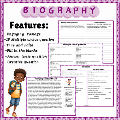 Wolfgang Amadeus Mozart | Biography Reading Comprehension and Questions Worksheet