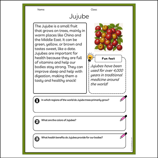 Jujube | Reading Passage Comprehension Questions Writing Facts Worksheet