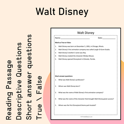 Walt Disney | Reading Comprehension Passage Printable Activity