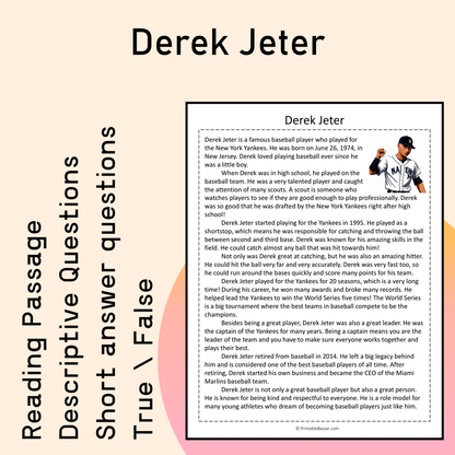 Derek Jeter | Reading Comprehension Passage Printable Activity