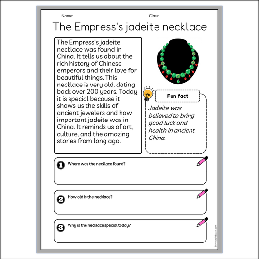 The Empress's jadeite necklace | Reading Passage Comprehension Questions Writing Facts Worksheet