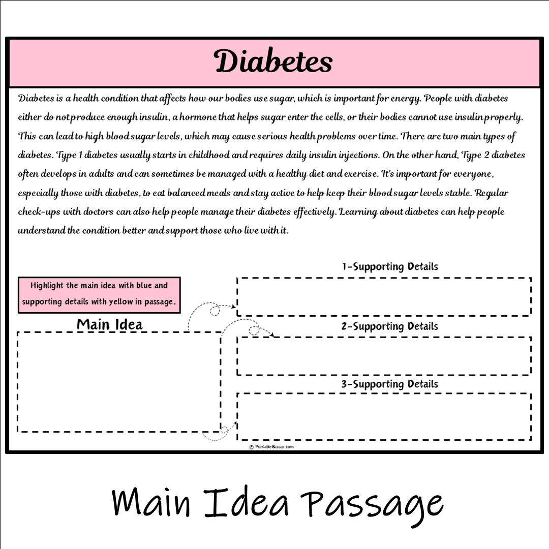 Diabetes | Main Idea and Supporting Details Reading Passage and Questions