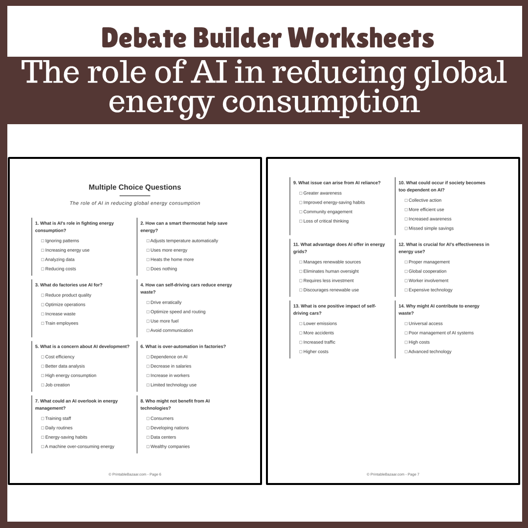 The role of AI in reducing global energy consumption | Favour and Against Worksheet Printable Activity