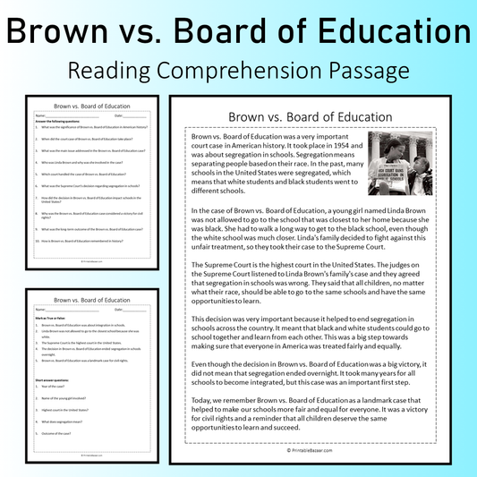 Brown vs. Board of Education | Reading Comprehension Passage Printable Worksheet