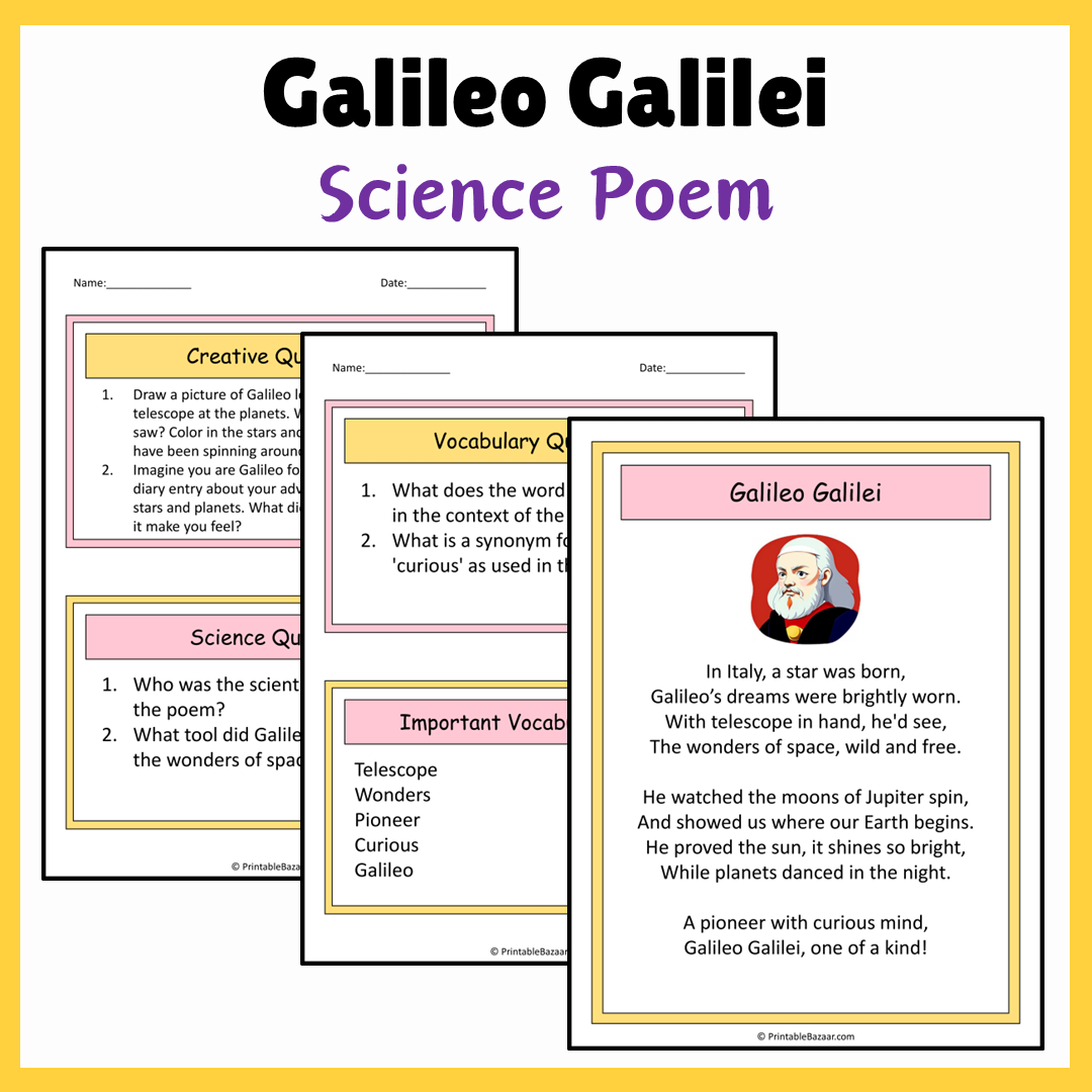 Galileo Galilei | Science Poem Reading Comprehension Activity