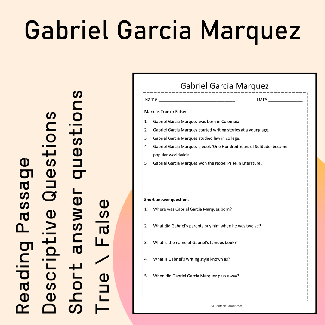 Gabriel Garcia Marquez | Reading Comprehension Passage Printable Activity