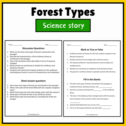 Forest Types | Science Story Reading Comprehension Activity
