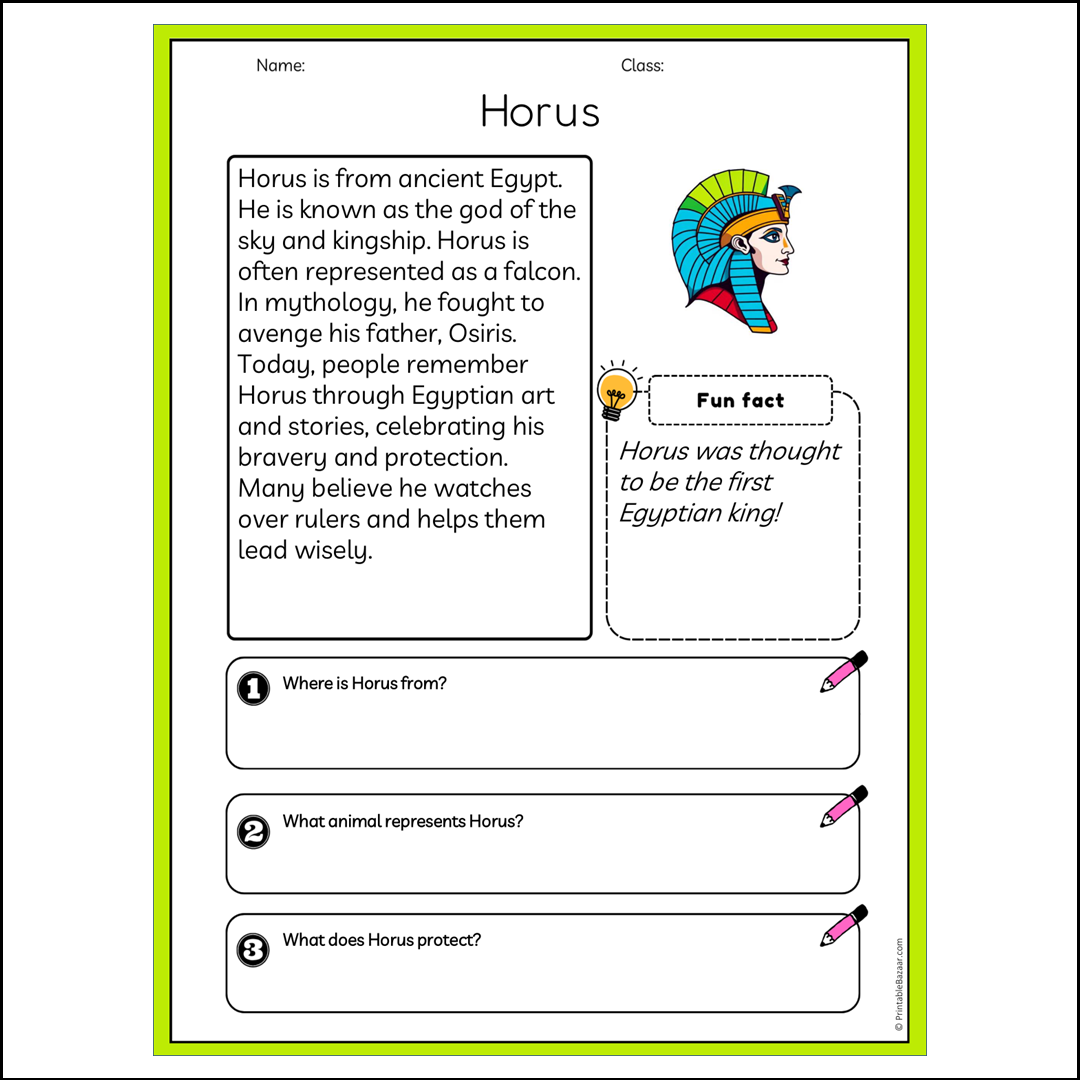 Horus | Reading Passage Comprehension Questions Writing Facts Worksheet