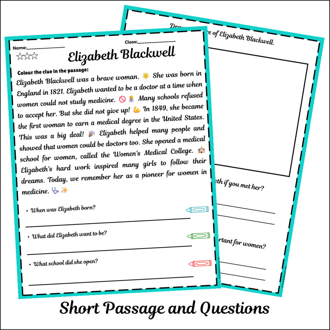 Elizabeth Blackwell | Short Reading Comprehension Creative Worksheet