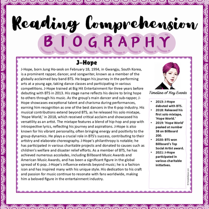 J-Hope | Biography Reading Comprehension and Questions Worksheet