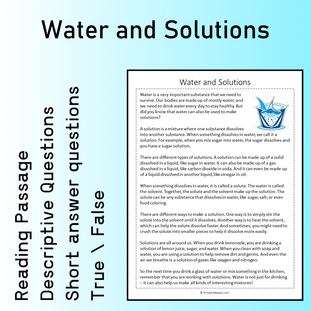 Water and Solutions | Reading Comprehension Passage Printable Worksheet