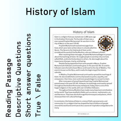 History of Islam | Reading Comprehension Passage Printable Worksheet