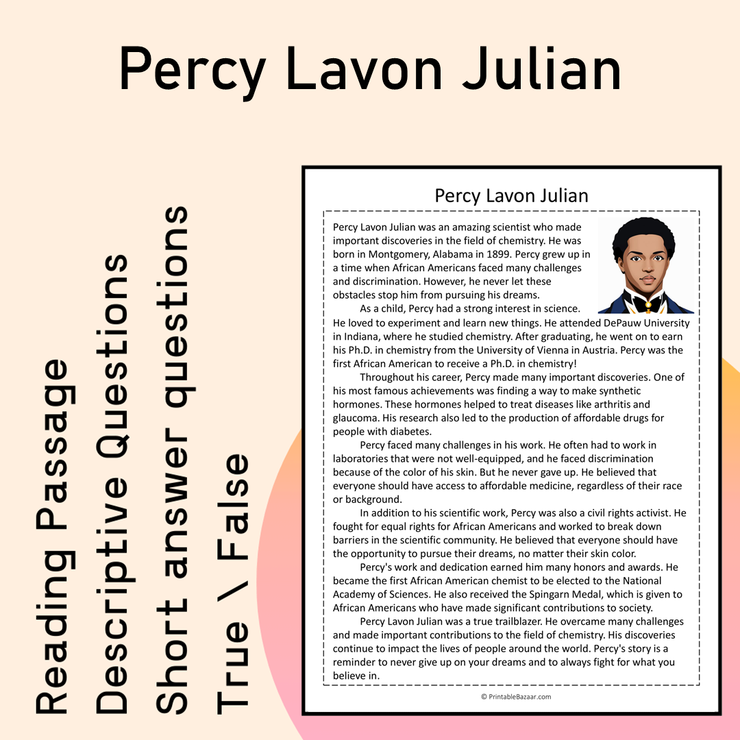 Percy Lavon Julian | Reading Comprehension Passage Printable Activity