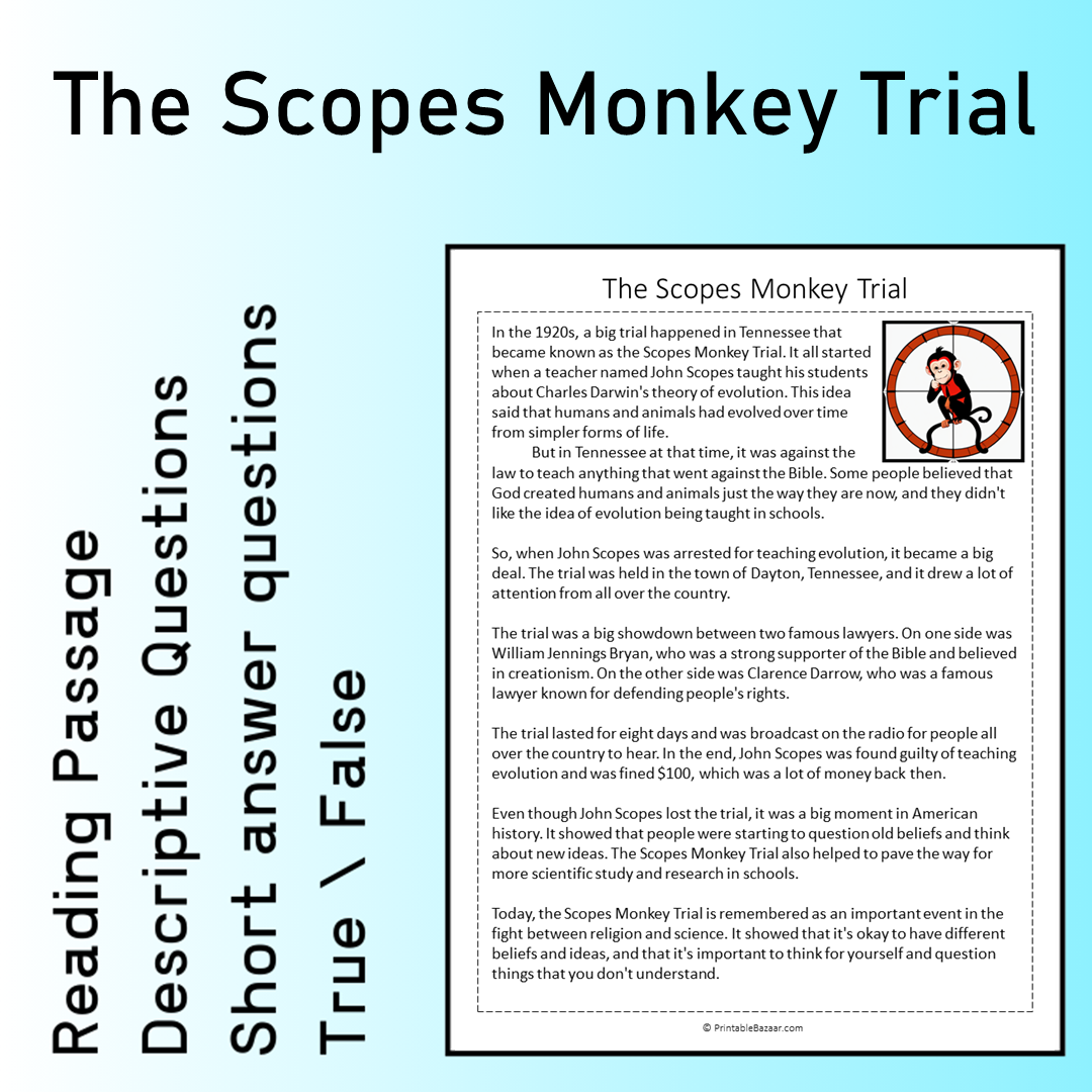 The Scopes Monkey Trial | Reading Comprehension Passage Printable Worksheet