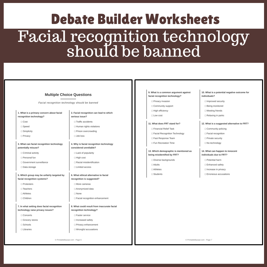 Facial recognition technology should be banned | Favour and Against Worksheet Printable Activity