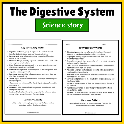 The Digestive System | Science Story Reading Comprehension Activity