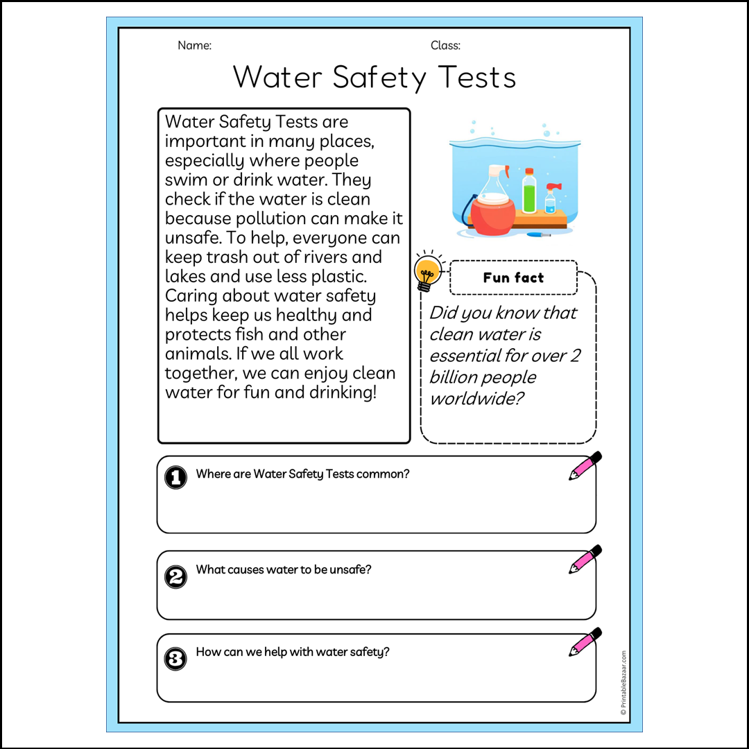 Water Safety Tests | Reading Passage Comprehension Questions Writing Facts Worksheet