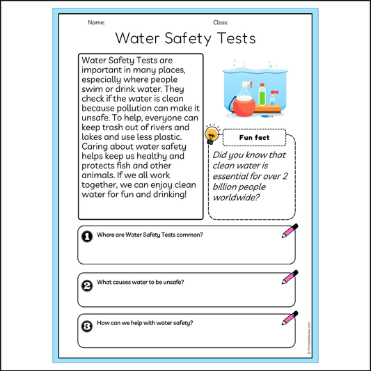 Water Safety Tests | Reading Passage Comprehension Questions Writing Facts Worksheet