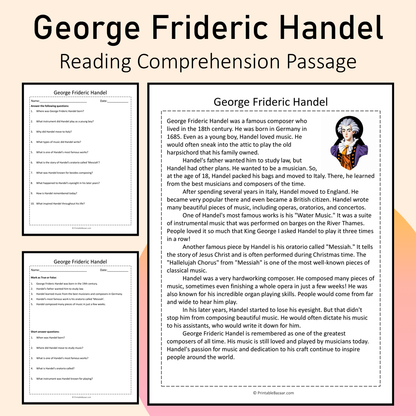 George Frideric Handel | Reading Comprehension Passage Printable Activity